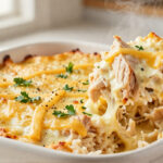 A close-up of a creamy chicken and rice casserole in a white baking dish with a spoon lifting a cheesy scoop.