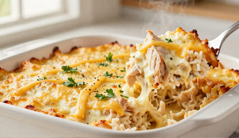 A close-up of a creamy chicken and rice casserole in a white baking dish with a spoon lifting a cheesy scoop.