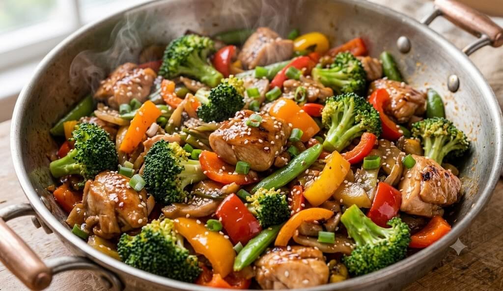 A close-up shot of homemade easy chicken stir fry with colorful vegetables like broccoli and bell peppers in a skillet.