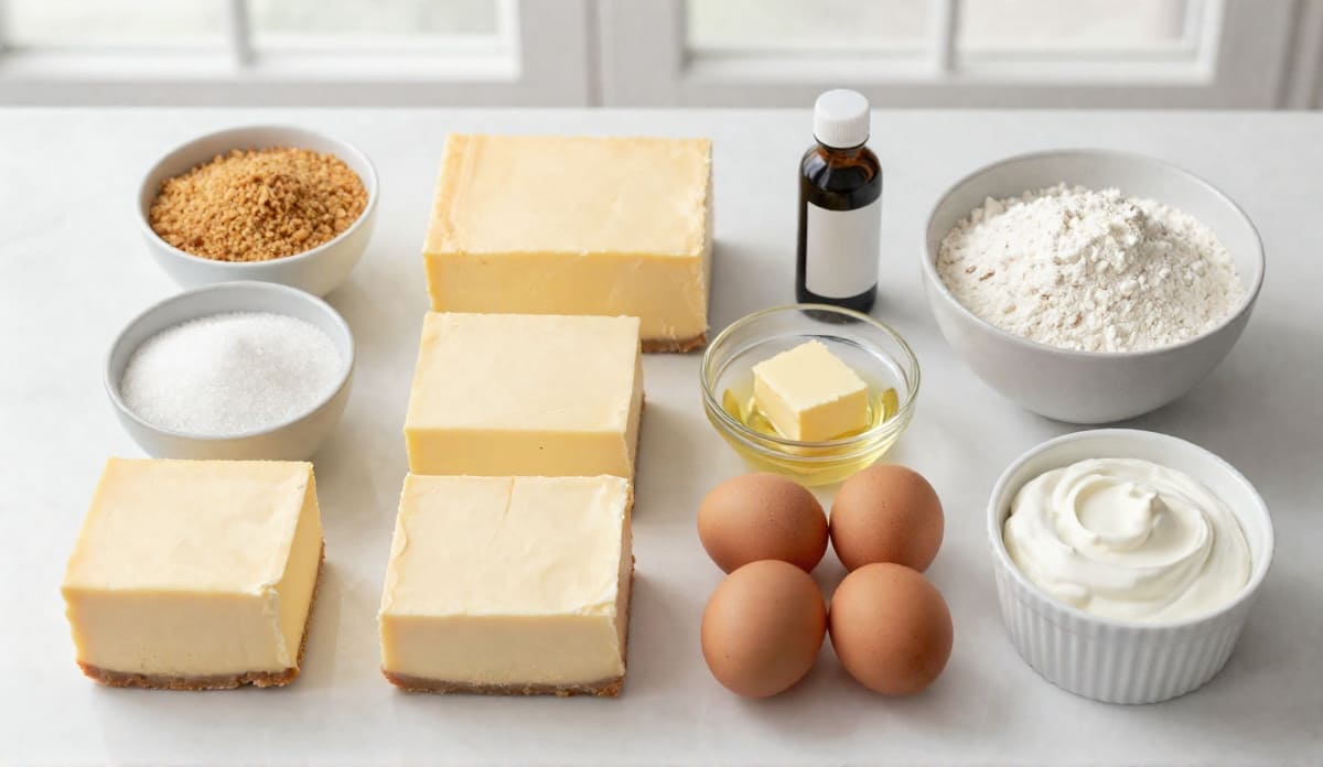 Easy Homemade Cheesecake That's Rich, Creamy, and Foolproof ingredientsIngredients for easy homemade cheesecake including cream cheese, graham cracker crumbs, sugar, sour cream, eggs, vanilla extract, and flour.
