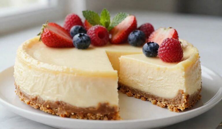 Easy homemade cheesecake with a buttery graham cracker crust and creamy filling topped with fresh strawberries, blueberries, and raspberries.