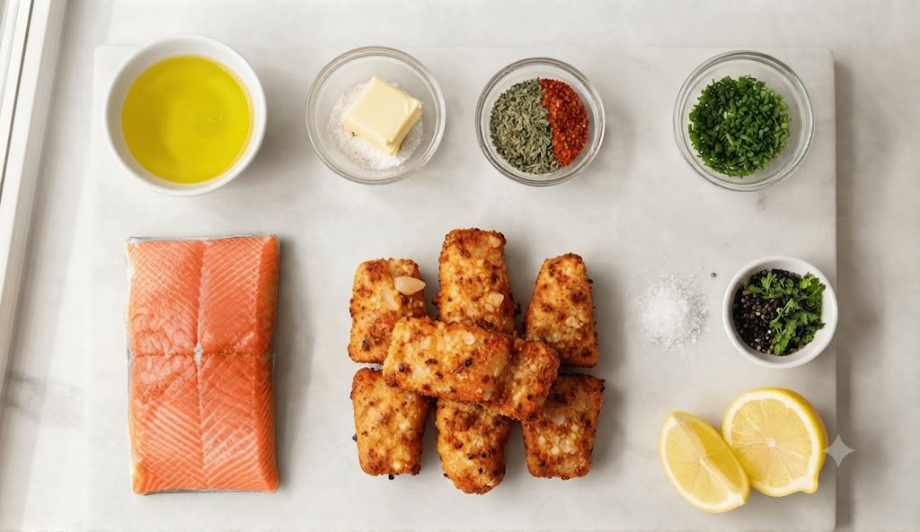 Crispy & Garlic Butter Air Fryer Salmon Bites Overhead flat-lay shot of raw salmon fillet, cooked golden-brown salmon bites, olive oil, butter, dried herbs, peppercorns, lemon wedges, and minced garlic on a white marble