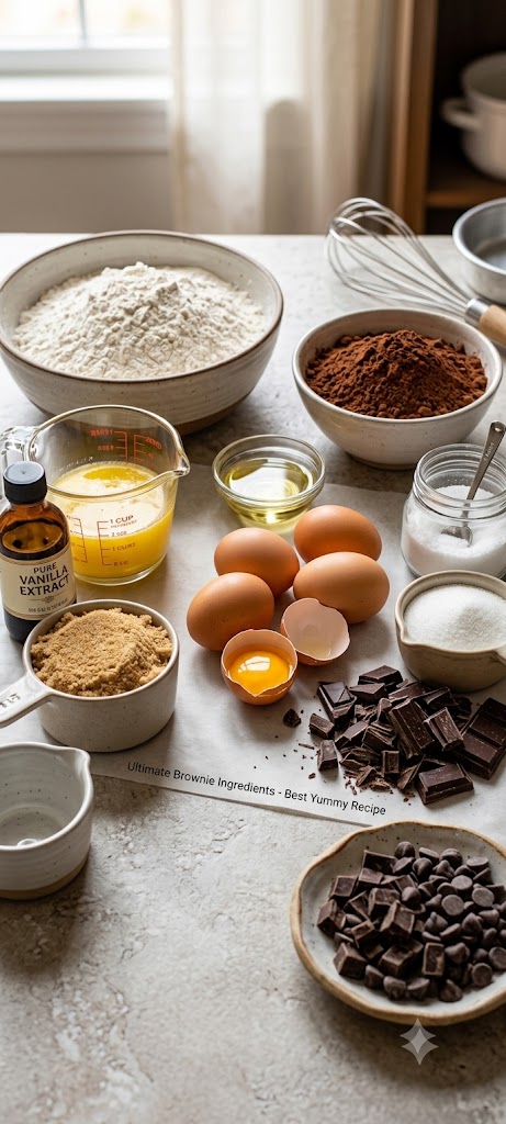 Ingredients for homemade fudgy brownies including flour, cocoa powder, brown sugar, eggs, and chocolate chips on a kitchen counter