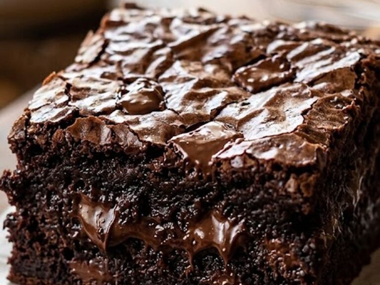 Ultimate Fudgy Chocolate Brownie with a shiny crinkly top and melting chocolate chunks