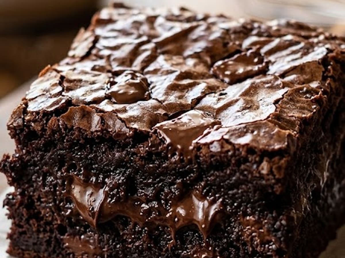 Ultimate Fudgy Chocolate Brownie with a shiny crinkly top and melting chocolate chunks