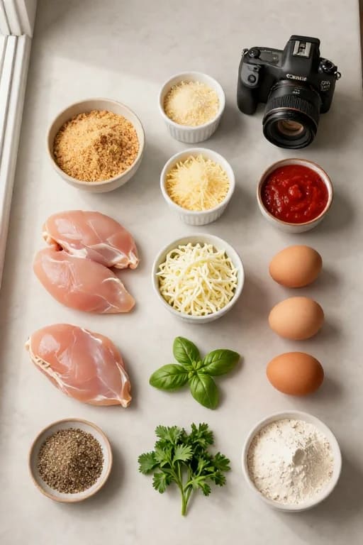 Ingredients for healthy baked chicken parmesan including chicken breasts, mozzarella cheese, marinara sauce, and breadcrumbs on a kitchen counter.