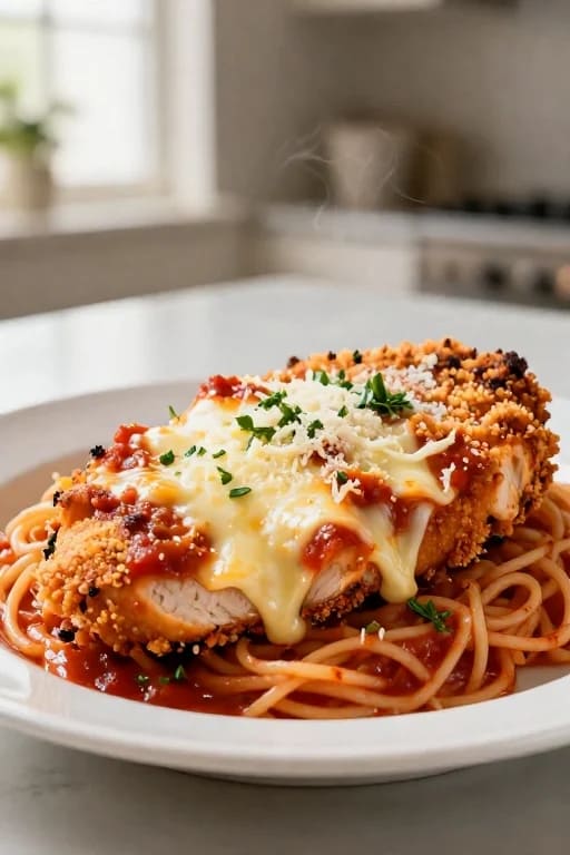 Healthy Baked Chicken Parmesan with spaghetti served on a white plate, crispy golden breaded chicken topped with melted mozzarella cheese and marinara sauce.