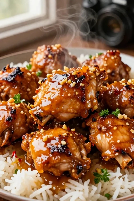 A plate of delicious honey garlic chicken thighs served over steamed white rice, garnished with fresh parsley and chili flakes, golden and sticky glaze.