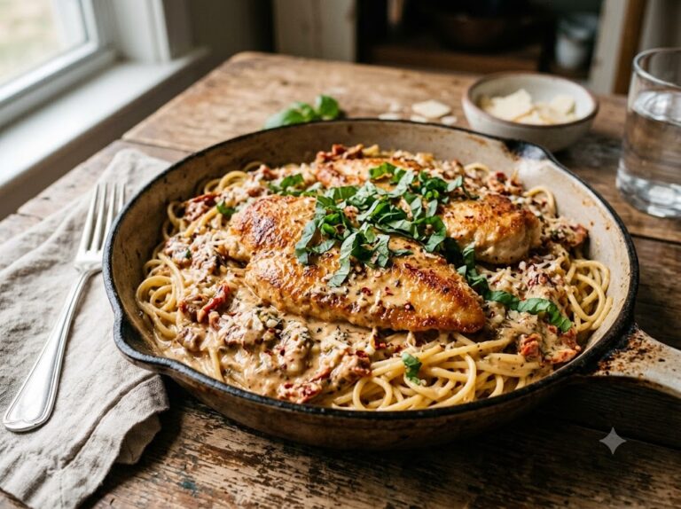 A close-up photographic shot of golden brown Marry Me chicken cutlets simmering in a creamy sun-dried tomato sauce, garnished with fresh basil in a skillet.