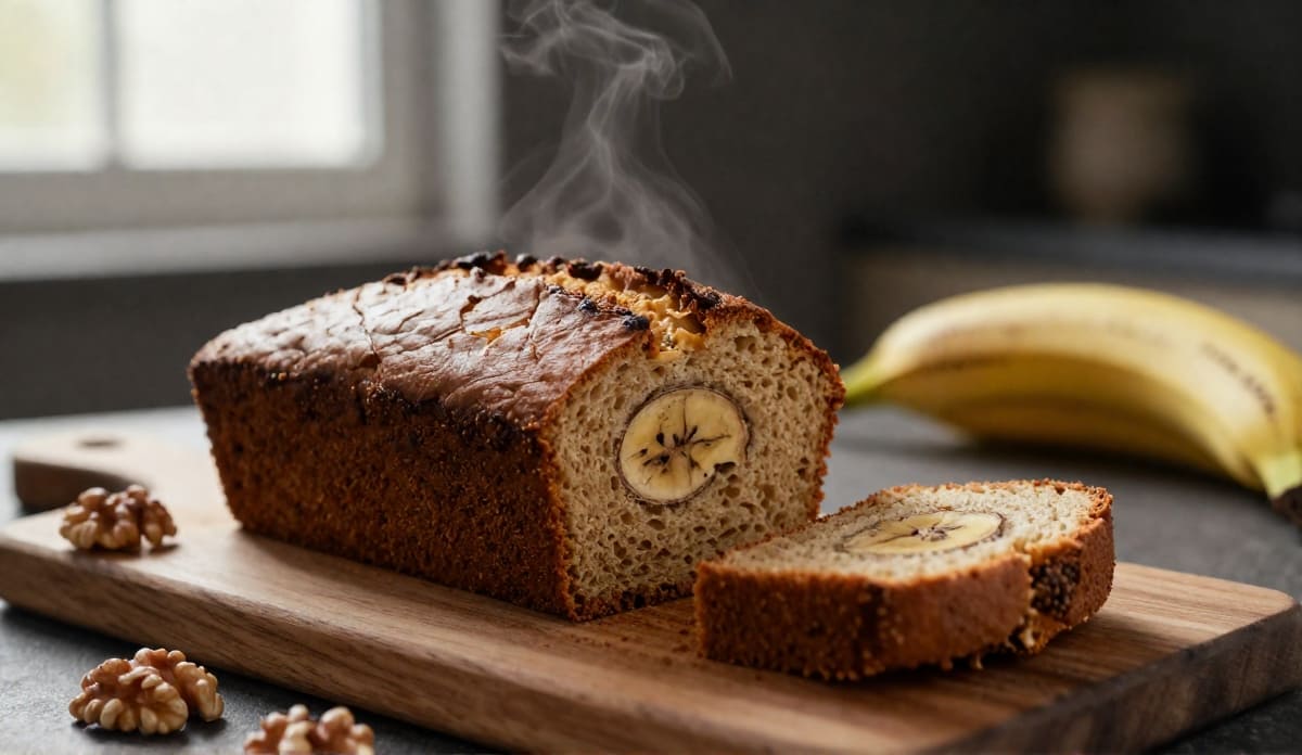 The Absolute Best Banana Bread Recipe (Ultra-Moist & Easy!) Freshly baked steaming banana bread loaf with a banana slice in the center, served on a wooden board with walnuts.