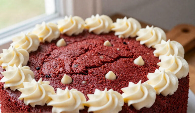 A whole 9-inch red velvet cookie cake with piped cream cheese frosting swirls on a rustic wooden board