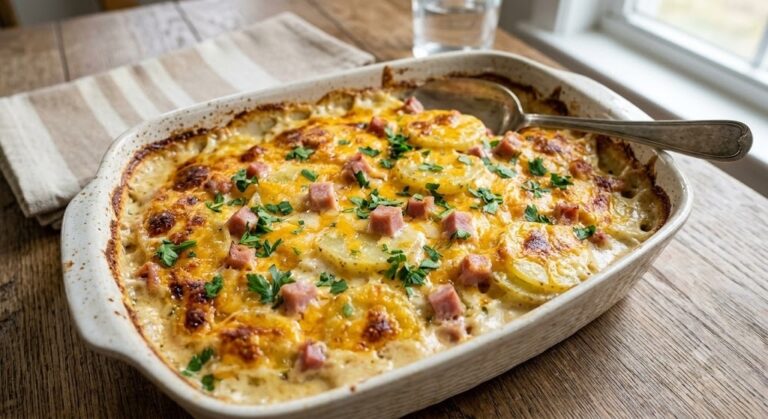 Cozy Scalloped Potatoes and Ham Casserole (The Ultimate Comfort Food) A warm, bubbling ceramic baking dish of classic American Scalloped Potatoes and Ham Casserole, with layered potatoes, diced ham, and melted blistered cheddar cheese under a parsley garnish, on a rustic