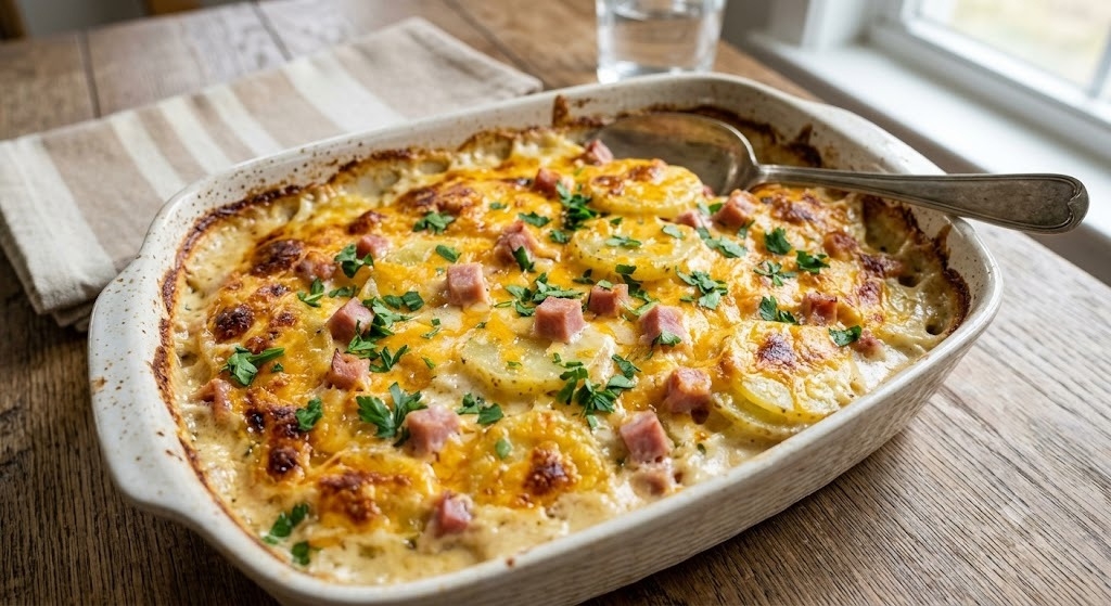Cozy Scalloped Potatoes and Ham Casserole (The Ultimate Comfort Food) A warm, bubbling ceramic baking dish of classic American Scalloped Potatoes and Ham Casserole, with layered potatoes, diced ham, and melted blistered cheddar cheese under a parsley garnish, on a rustic