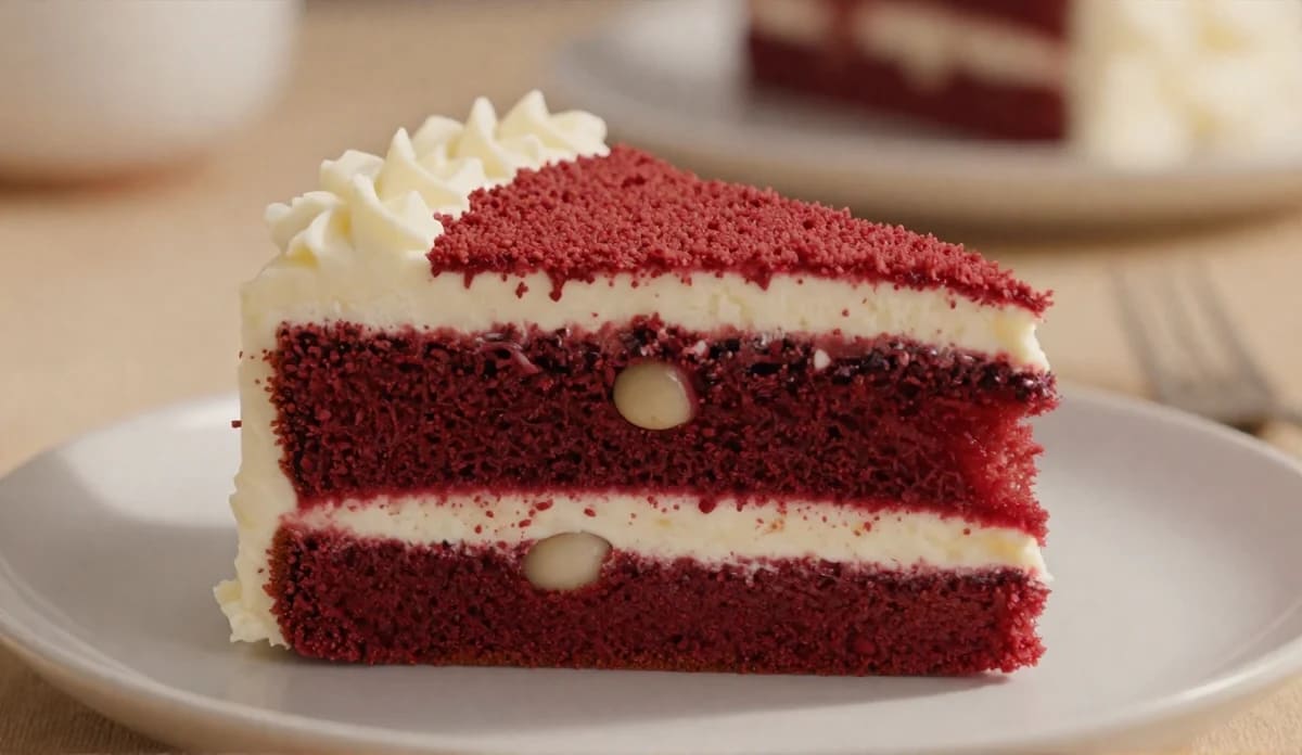 A thick slice of chewy red velvet cookie cake with white chocolate chips and cream cheese frosting served on a plate