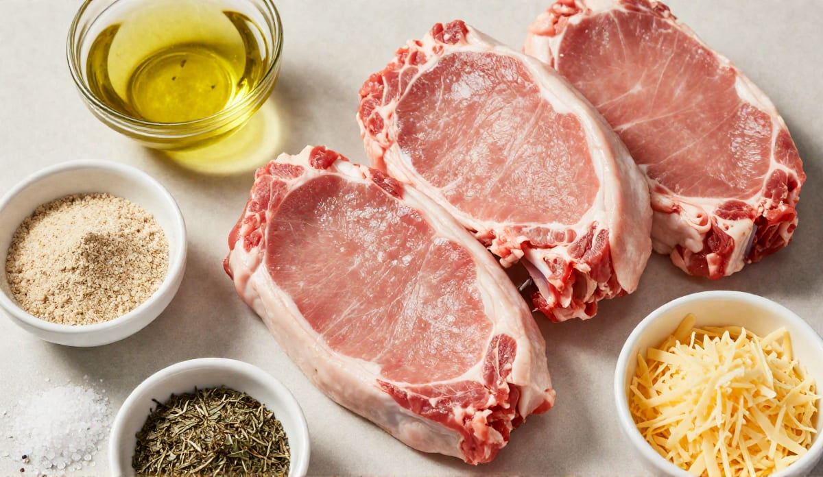 Raw pork chops with olive oil, seasonings, salt, herbs, and parmesan cheese on a kitchen counter
