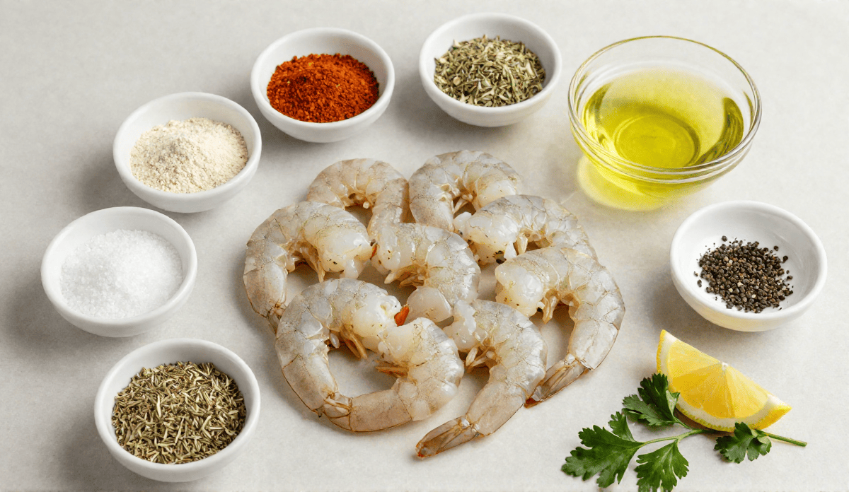 Raw peeled and deveined shrimp with olive oil, garlic powder, smoked paprika, oregano, and lemon wedges on a counter