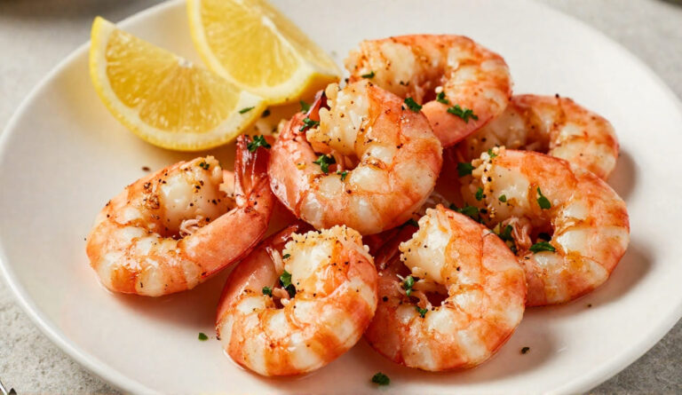 Air fryer shrimp seasoned with garlic and paprika served on a plate with fresh lemon wedges
