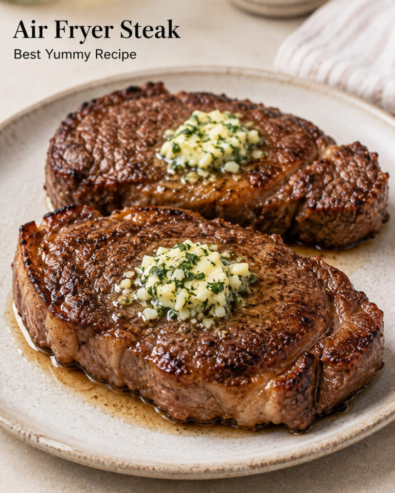 Air fryer steak topped with melted garlic herb butter on a plate