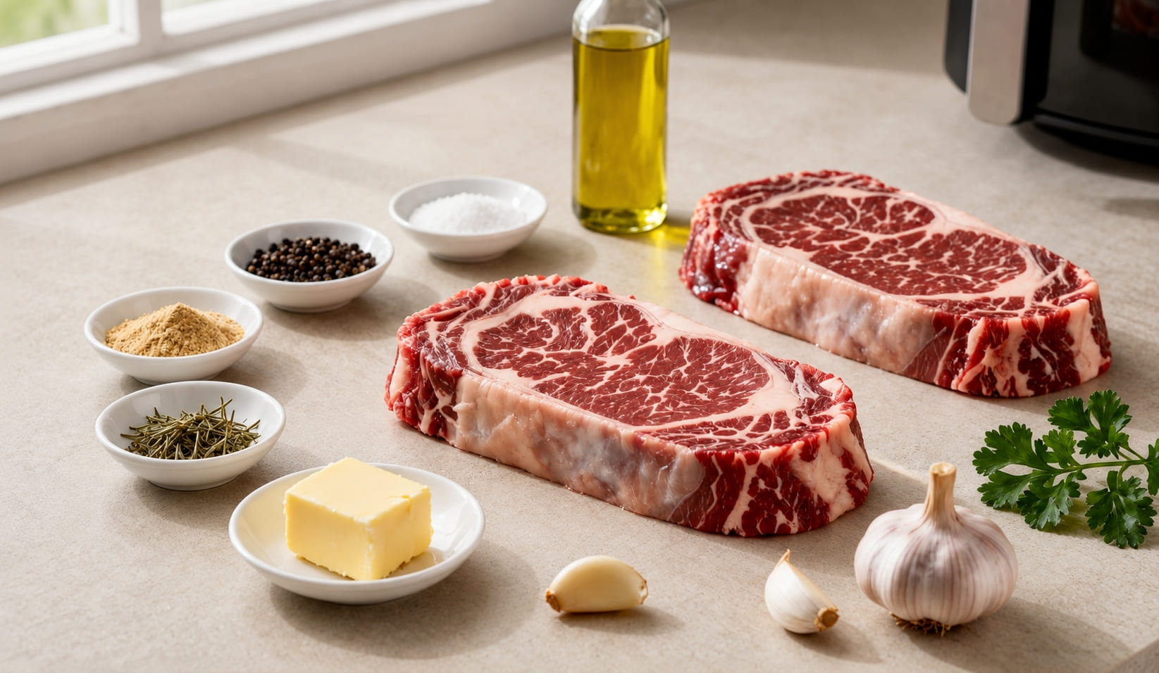 Raw ribeye steaks with butter, garlic, olive oil, and seasonings for air fryer steak