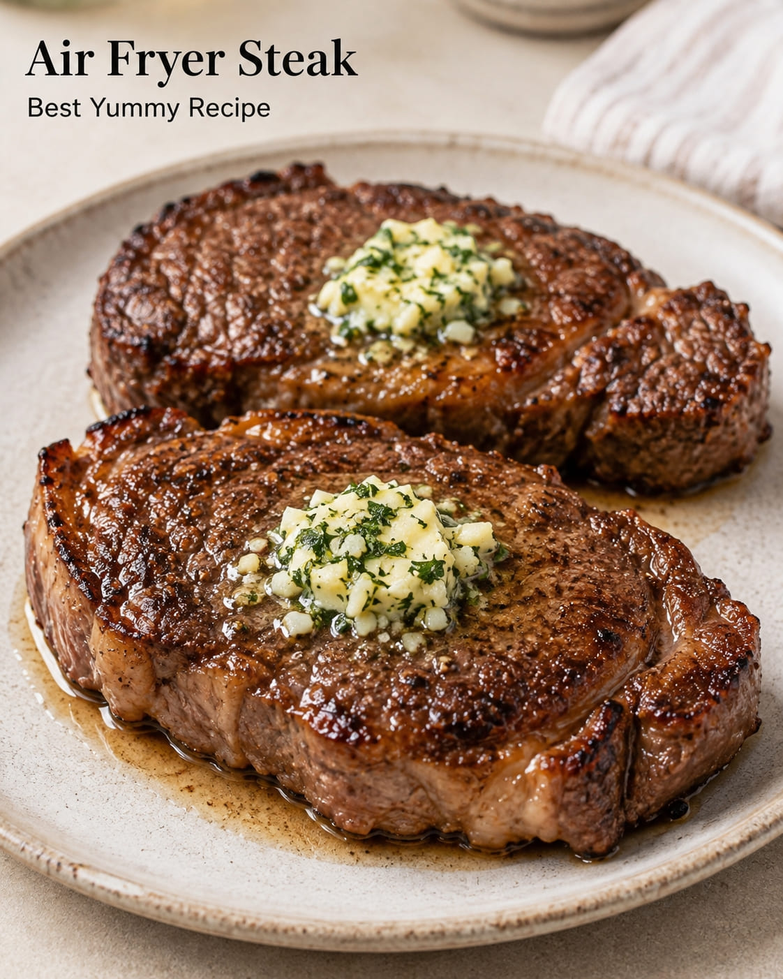 Air fryer steak topped with melted garlic herb butter on a plate
