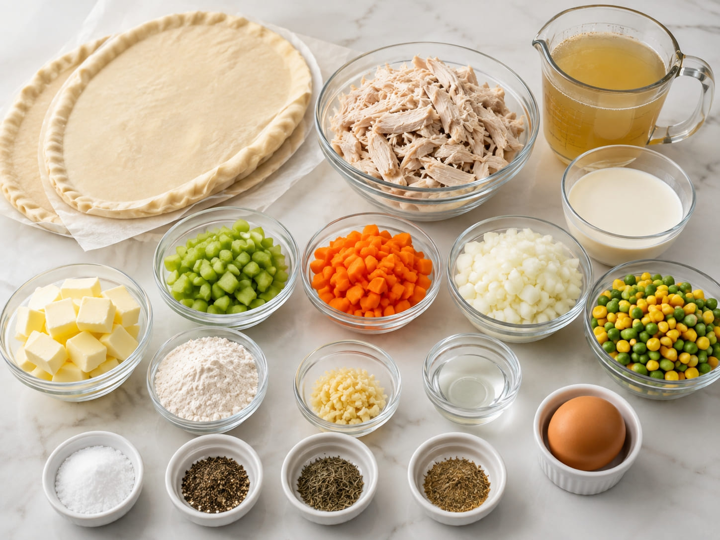 Ingredients for homemade chicken pot pie arranged in glass bowls on a marble countertop, including shredded chicken, diced vegetables, pie crusts, and spices.