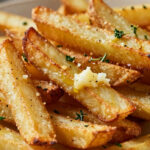 Crispy baked garlic herb fries tossed with melted garlic butter, parsley, rosemary, and thyme on a plate