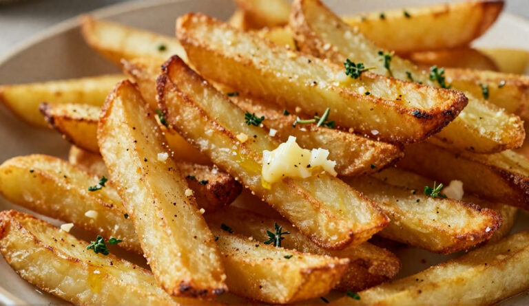 Crispy baked garlic herb fries tossed with melted garlic butter, parsley, rosemary, and thyme on a plate