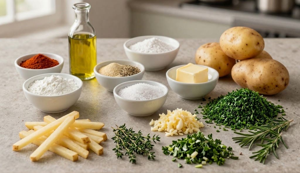 Fresh ingredients for garlic herb fries including russet potatoes, olive oil, butter, minced garlic, cornstarch, paprika, fresh parsley, rosemary, and thyme
