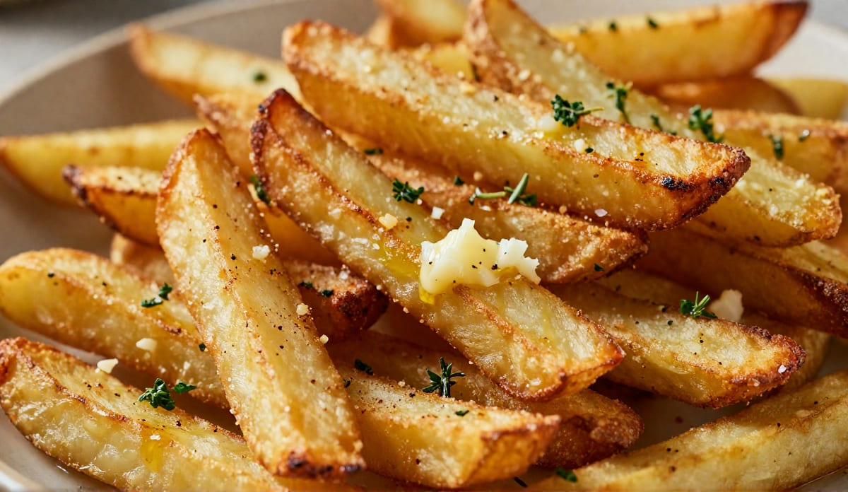 Crispy baked garlic herb fries tossed with melted garlic butter, parsley, rosemary, and thyme on a plate