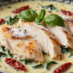 Creamy Tuscan chicken cutlets with spinach and sun-dried tomatoes in a rich creamy sauce.