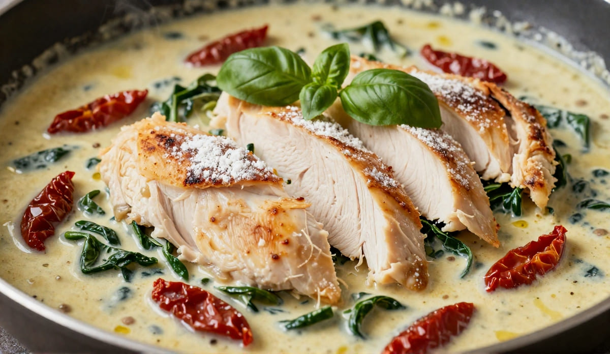 Creamy Tuscan chicken cutlets with spinach and sun-dried tomatoes in a rich creamy sauce.