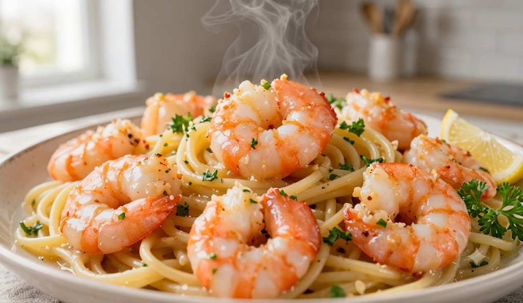 A plate of garlic butter shrimp scampi garnished with lemon wedges and fresh parsley