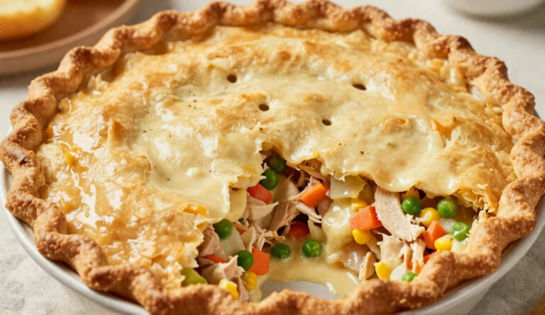 A sliced homemade chicken pot pie with a golden flaky crust, filled with shredded chicken, green peas, carrots, and sweet corn in a creamy sauce.