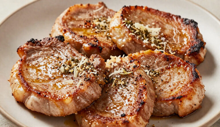 Juicy air fryer pork chops seasoned with garlic, parmesan, and herbs served on a ceramic plate