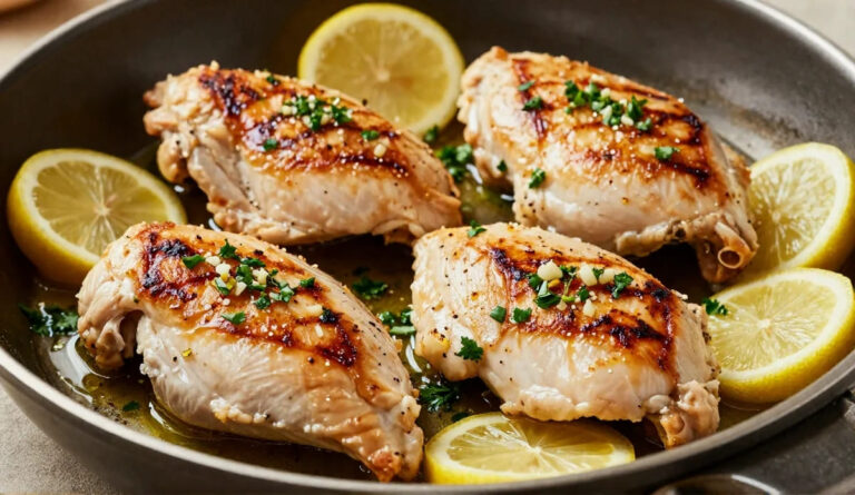 Juicy lemon garlic chicken breasts with fresh lemon slices, garlic, and parsley