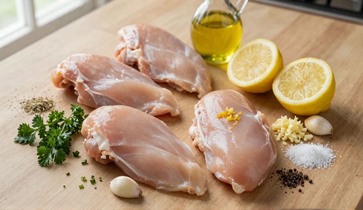 Ingredients for lemon garlic chicken with chicken breasts, lemon, garlic, parsley, olive oil, and seasonings