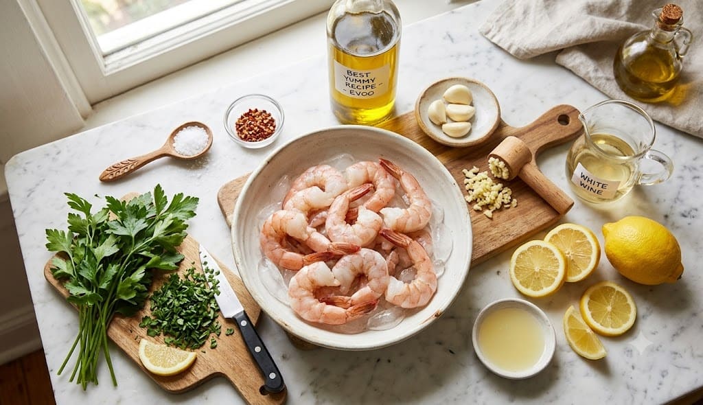 A top-down photograph of raw ingredients for shrimp scampi on a white marble counter, including raw shrimp on ice, garlic, butter, lemon, olive oil, and parsley.