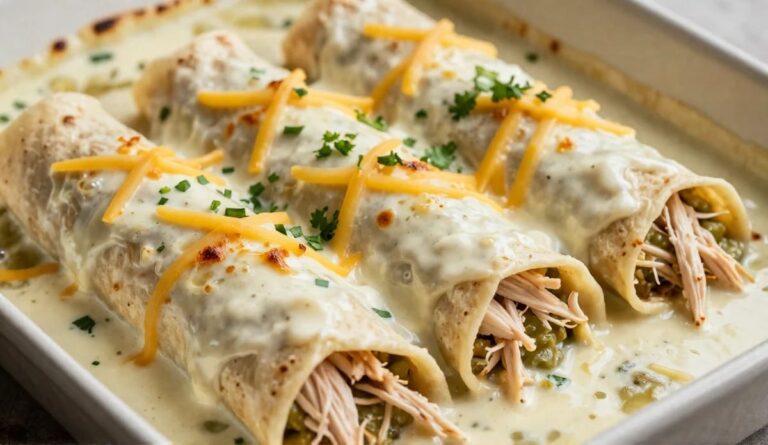Creamy green chile chicken enchiladas baked in a casserole dish topped with white sauce and melted cheese
