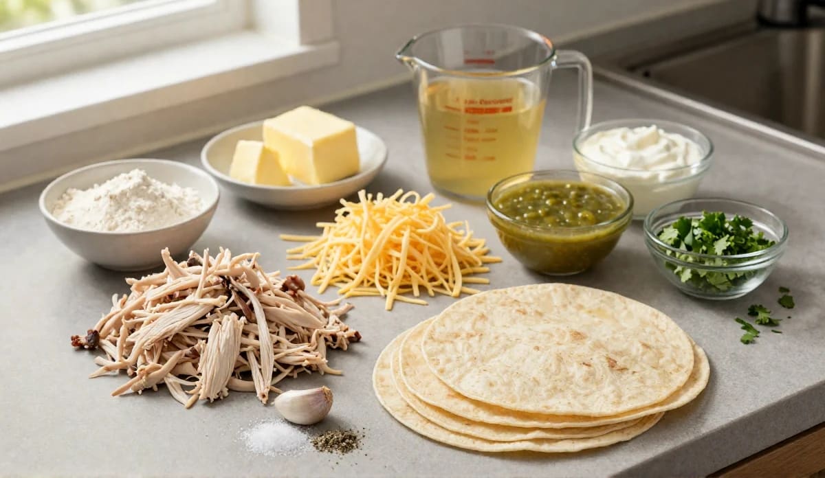 Ingredients for white sauce chicken enchiladas including shredded chicken, flour tortillas, sour cream, green chiles, and cheese on a kitchen counter