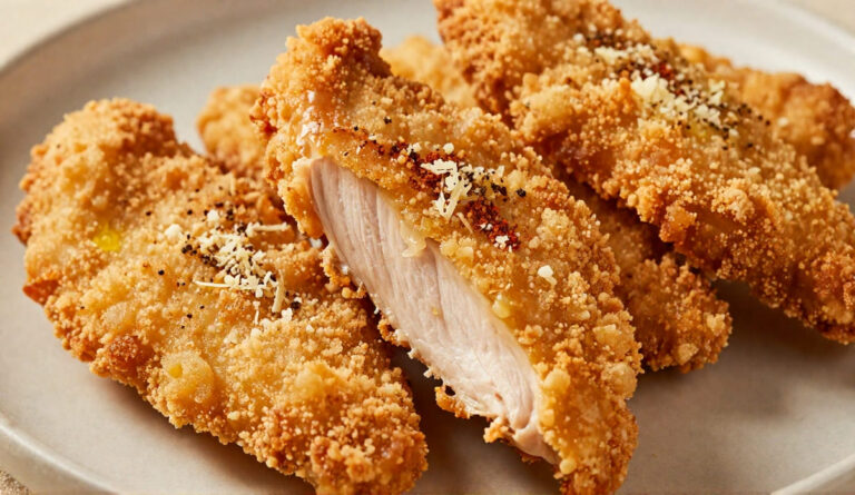 Golden crispy air fryer chicken tenders topped with grated Parmesan cheese