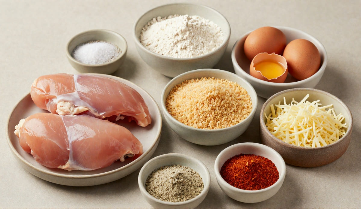 Raw ingredients for air fryer chicken tenders including chicken breasts, Panko breadcrumbs, eggs, flour, and spices