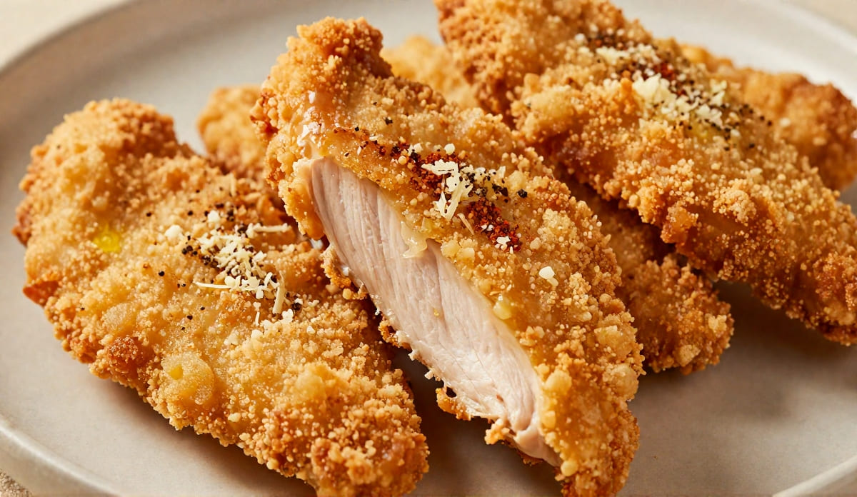 Golden crispy air fryer chicken tenders topped with grated Parmesan cheese