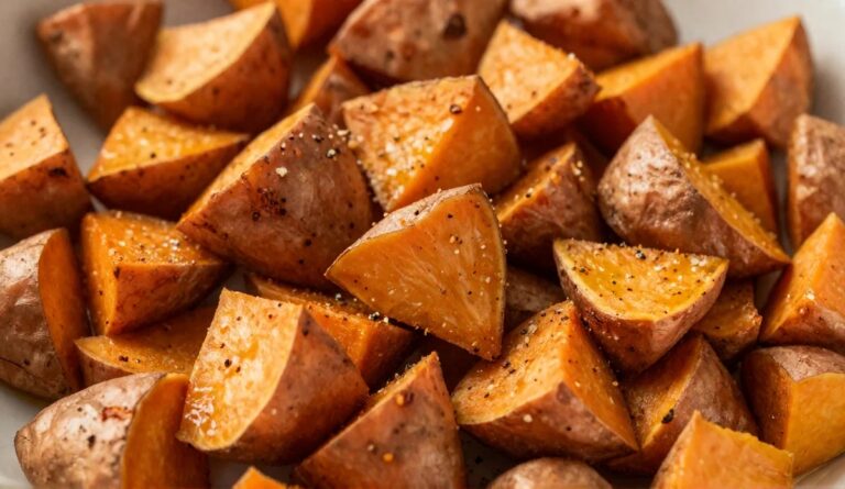 Easy crispy air fryer sweet potato cubes seasoned with garlic powder and smoked paprika.