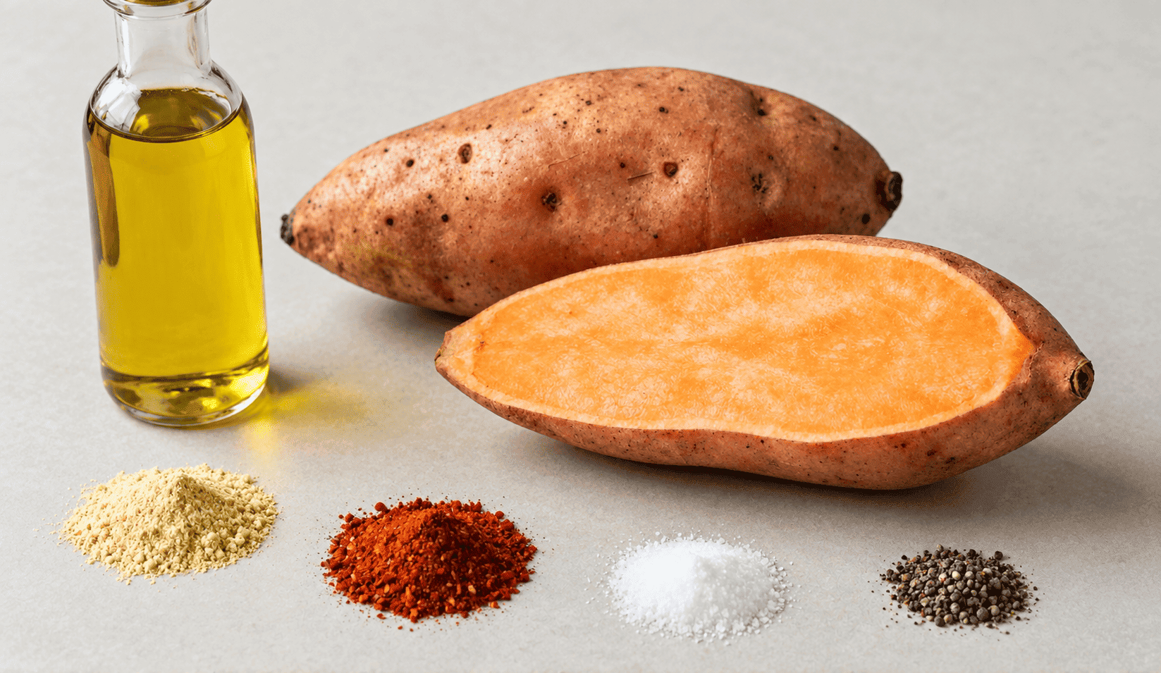 Easy Crispy Air Fryer Sweet Potatoes Ingredients for air fryer sweet potatoes including sweet potatoes, olive oil, garlic powder, smoked paprika, sea salt, and black pepper.