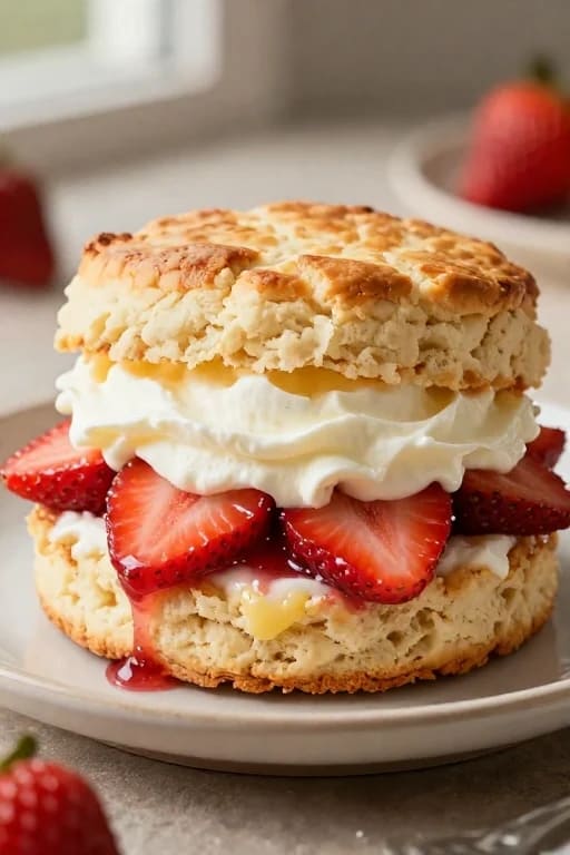 A freshly baked classic strawberry shortcake halved and filled with macerated fresh strawberries, strawberry syrup, and whipped cream.
