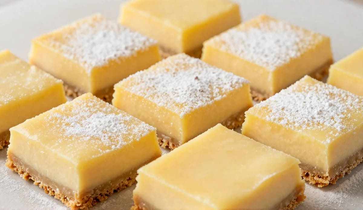 Freshly baked lemon bars dusted with powdered sugar on a shortbread crust