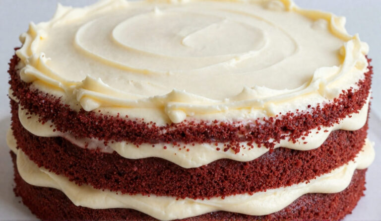 Homemade classic red velvet cake layered with rich cream cheese frosting on a cake stand.