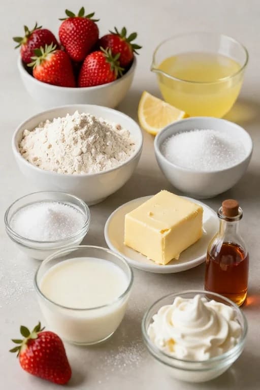 Ingredients for classic strawberry shortcake including fresh strawberries, flour, butter, buttermilk, sugar, lemon, vanilla, and whipped cream on a clean counter.