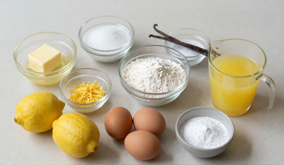 Ingredients for lemon bars including fresh lemons, eggs, flour, butter, sugar, and lemon juice