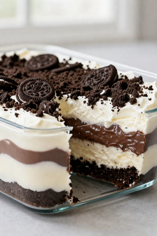 A glass baking dish with layered no-bake Oreo dessert showing chocolate pudding, cream cheese layer, and crushed Oreo topping.